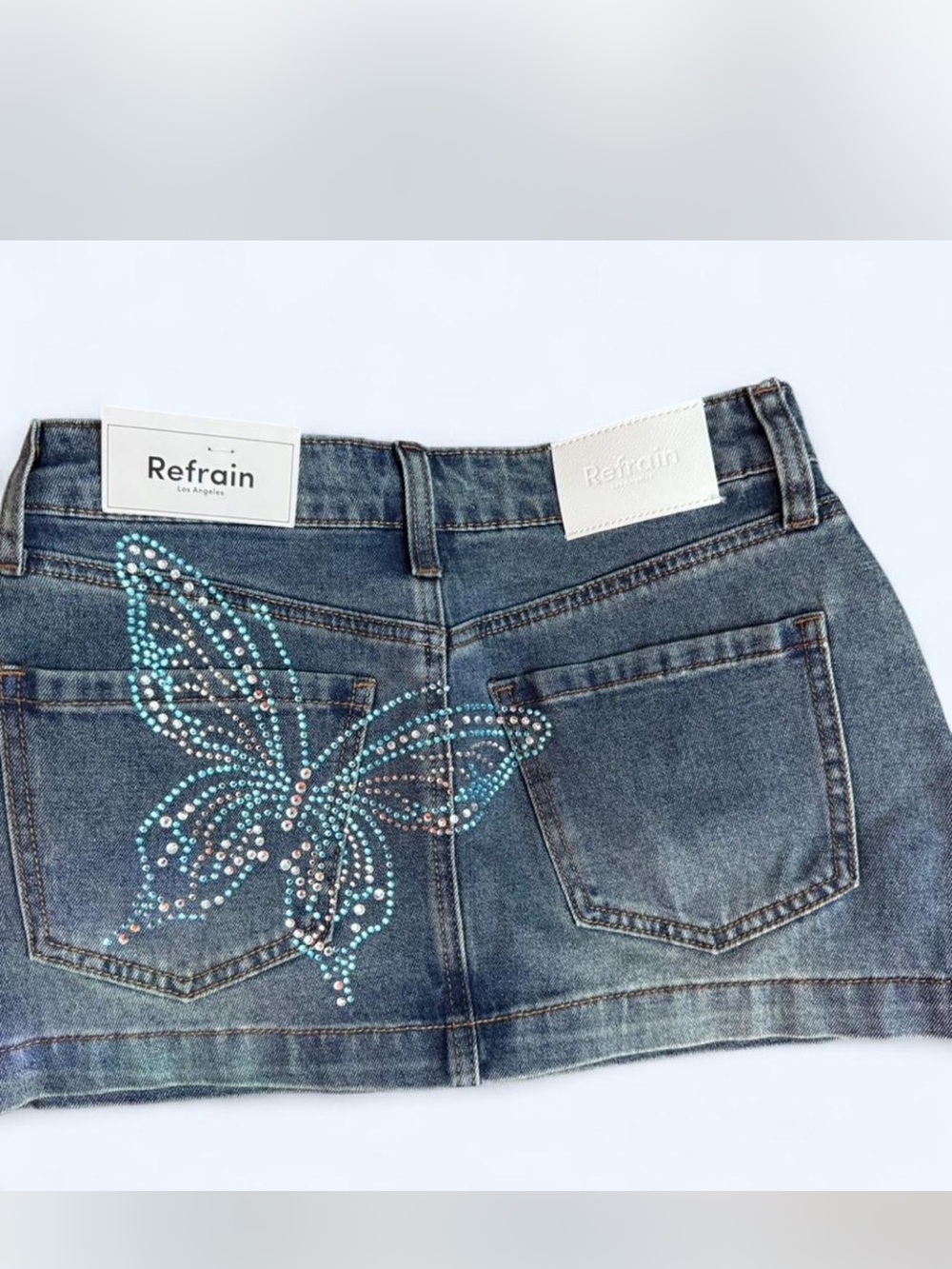 Blue Denim Mini Skirt with Rhinestone Butterfly